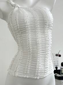 Chiquease Top ajustado sin mangas con un solo hombro, fruncido y textura de unicolor para mujer - Blanco - Ver 6