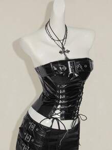 SHEIN ICON Y2K 女式乡村音乐会嬉皮黑色哥特风 PU 镂空系带露脐胸衣上衣，时尚 - 黑色 - 查看 8