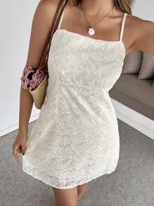 Roylia 新品 镂空设计吊带迷你连衣裙 - 米色 - 查看 4