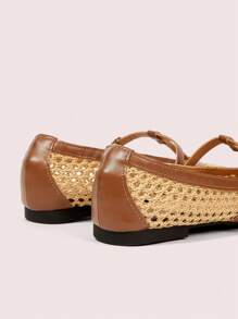 CUCCOO DOLLMOD Women's Fashion Apricot T-Strap Hollow-Out Woven Flat Shoes - Apricot - View 8
