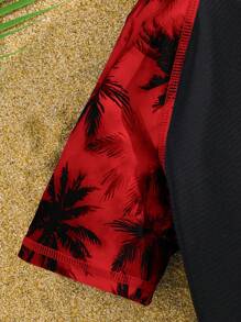 SHEIN 2pcs/Set Tween Boy Casual Vacation Letter & Palm Tree Printed Swimwear Set, Top & Bottoms, Swimsuit, Cost-Effective Beachwear, Swimming, Surfing
