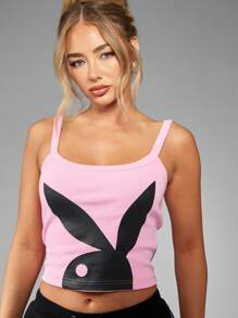 Missguided x Playboy Áo ba lỗ crop top co giãn có họa tiết logo tai thỏ, áo tập luyện mùa hè, phong cách thể thao, thời trang dạo phố, áo ba lỗ cổ cao, thường ngày, thời trang mùa xuân - Hồng - Xem 6