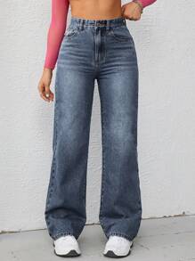 SHEIN ICON 大码高街阔腿牛仔裤，街头风格 - 深色水洗藍 - 查看 1