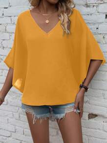 EMERY ROSE Camisa casual holgada para mujer de verano, de unicolor, con cuello en V y mangas tipo murciélago - Amarillo - Ver 7