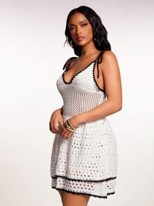 SHEIN SXY New Sexy Solid Colorblock Splice Double Layer Spaghetti Strap Bodycon Mini Dress For Women, Summer - Black and White - View 4