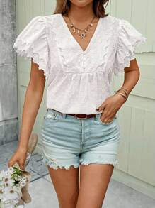 SHEIN LUNE V-Neck Button Half Open Collar Ruffle Trim A-Line Smock Shirt, Embroidered Hollow Texture Fabric, Casual Vacation Elegant Ladies Blouse - White - View 3