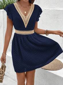 SHEIN Frenchy Váy tay lửng chắp vá màu sắc giản dị cho kỳ nghỉ - Xanh đậm - Xem 4