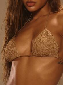 Musera Resort Halterneck Triangle Metallic Knit Crochet Bikini Top Only Summer Vacation Elegant Ibiza Cute Beach Festival Rave Boho HOLIDAY SUMMER Spring - Brown - View 2