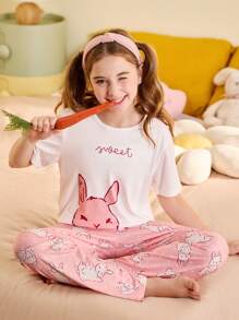 SHEIN Girls Cartoon Printed Short Sleeve Knit Crew Neck Pajama Set - White - View 4