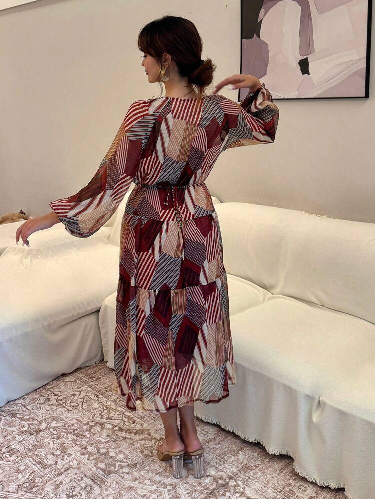 French Style V-Neck Chiffon Long Dress For Women,Fall Dress Long Sleeve Dress Boho