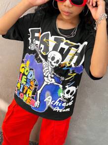 Coolane Tween Girls Spring/Summer Streetwear Y2K Graphic Print Loose T-Shirt, Summer Casual Vintage Sports Tee - Black - View 2