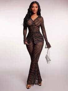 Radiana 2 件套女士休闲斑马纹透明网眼衬衫上衣和高腰长裤套装，街头风格度假，春夏 - 彩色 - 查看 3