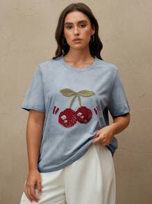 Anewsta 大码女式樱桃图案圆领短袖休闲T恤，夏季