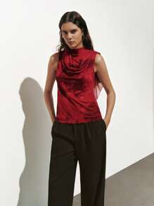 Lumivelle 女士优雅花卉印花网眼荷叶边露背无袖上衣 - 紅色 - 查看 5