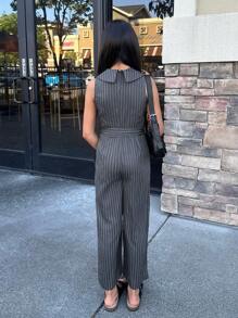 Nova Glow Tween Girl 时尚 V 领蓝色条纹连体裤休闲通勤裤 - 藍色 - 查看 2