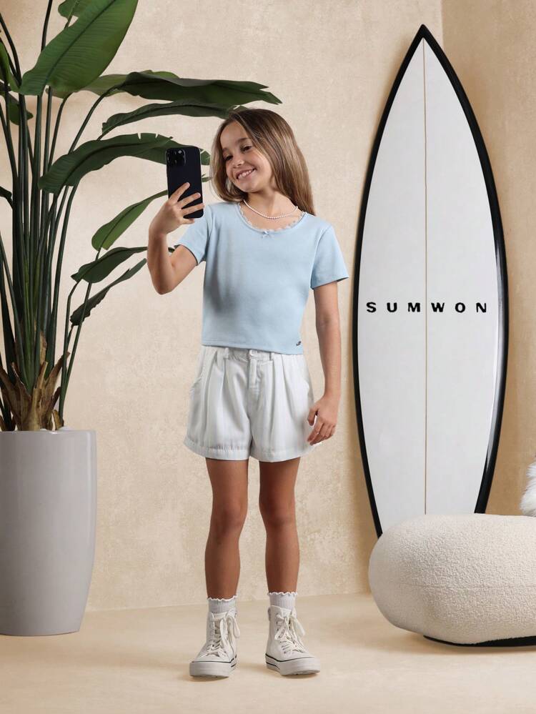 Ribbed Scoop Neck T-Shirt Shorts Co-Ord For Tween Girls
