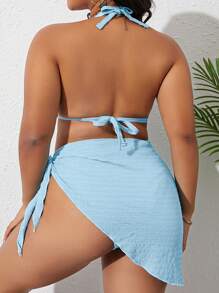 Swim Basics Plus Size Women 3pcs Solid Color Spaghetti Strap Tankini Swimsuits,2 Piece Summer Outfit,Bikinis,Beach Dresses For Women