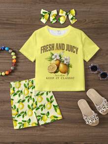 SHEIN Sparkle & Twirl Young Girl Lemon Pressed Flowers Short Sleeve Top And Shorts 2-Piece Set,Vintage Boho Botanical Pastel Floral Summer Casual Clothing - Multicolor - View 2