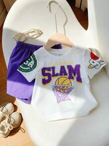 SHEIN 2pcs Baby Boys Summer Casual Sports Cartoon Basketball Print Short Sleeve T-Shirt With Elastic Waist Purple Shorts Set Outfit For Toddler Toddler Clothes Toddler Sets Summer Toddler Football Outfit Toddler Clothing - Multicolor - View 7