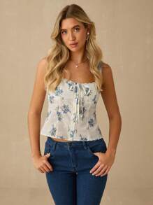 Enchnt 女士花卉印花蕾丝拼布系带休闲吊带背心 - 藍色 - 查看 4