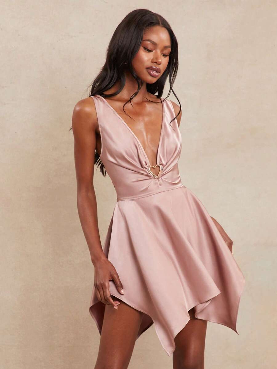 NYA SZN Dusty Rose,Summer,70s,Party Low Cut Sleeveless Handkerchief Hem Fairycore Sundress,Satin Prom Formal Wedding Guest Bridal Bridesmaid Festival Outfits - Pink - View 1