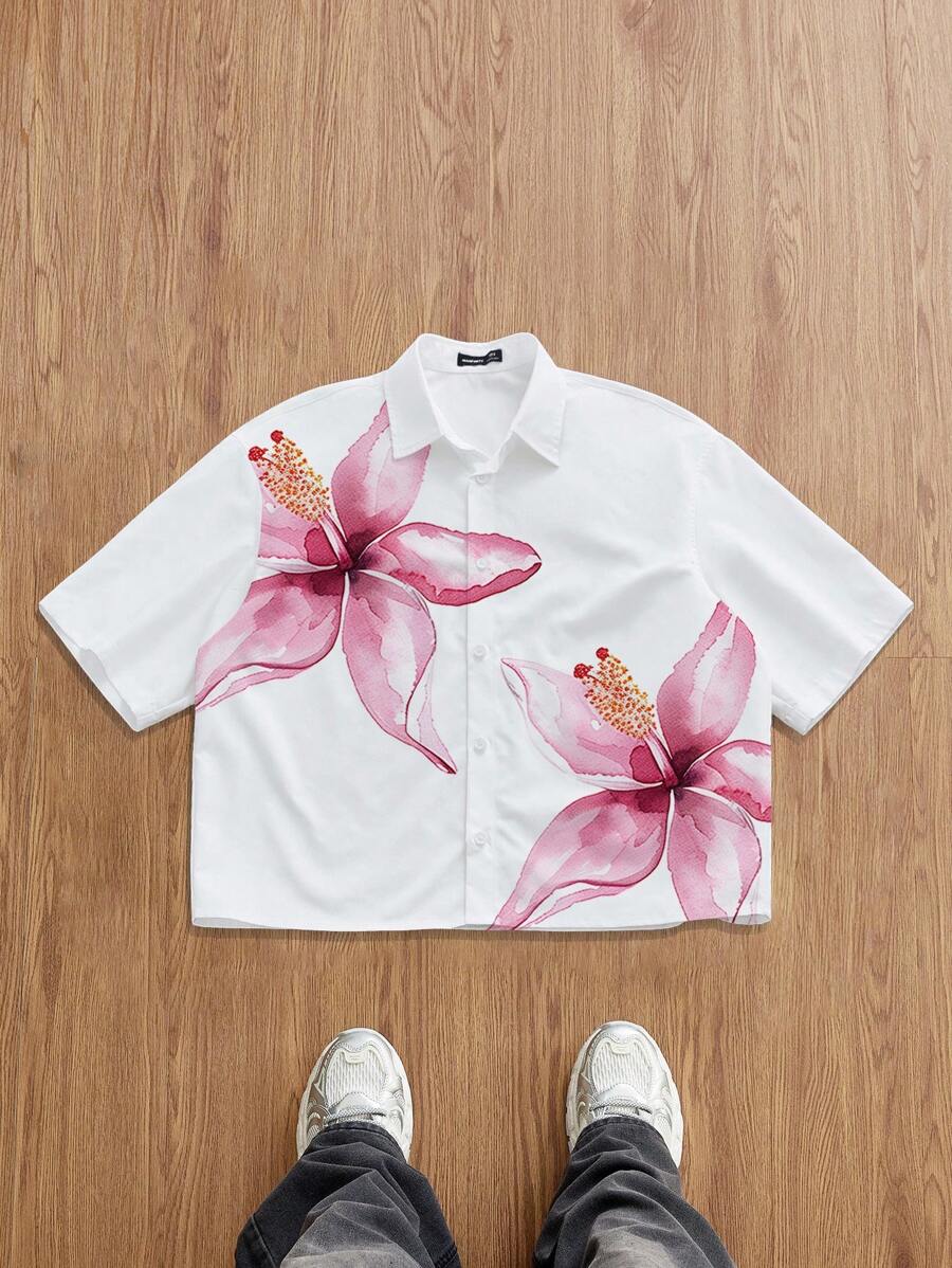 Manfinity Joysei 男士单排扣花卉印花休闲短袖衬衫，夏季/假日 - 白色 - 查看 1