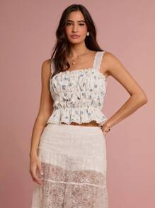 Camiseta de tirantes de mujer con estampado floral diminuto, encaje de contraste y volantes - Azul - Ver 4