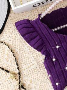 Elladie kids 2pcs/Set Young Girl Valentine's Day Fashion Chic Knit Ruffle Sleeveless Top + Cami Dress Spring Outfit Baby Purple,Summer,Birthday Lilac Purple Set - Purple - View 5
