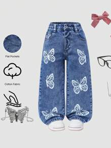SHEIN ChillGRL 牛仔小女孩休闲可爱风水洗深蓝色蝴蝶印花松紧腰直筒牛仔裤 - 深色水洗藍 - 查看 7