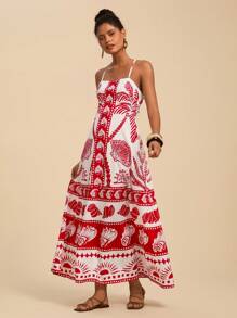 Travachic 夏季周末约会连衣裙、假期后背蝴蝶结吊带热带植物印花女式露背连衣裙、夏季度假沙滩裙、返校装、简约装、办公室装、老派装、教师装、约会装、毕业季、女士独立日连衣裙、参加婚礼季姐妹下午茶派对节日聚会的连衣裙 - 彩色 - 查看 3