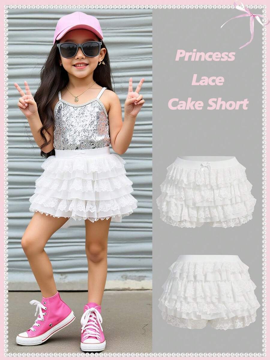 Young Girl Woven Sheer Lace Trim Casual Shorts
