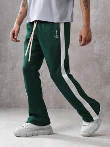 SUMWON 运动性能喇叭裤拼色侧条纹训练裤宽松复古风格健身健身房冬季休闲裤 - 墨綠色 - 查看 1