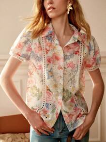 Écloséra Elegant And Fashionable Women's Embroidered Puff Short-Sleeved Shirt, Summer Women's Button-Down Shirt, Ladies Teacher Clothing - Multicolor - View 6