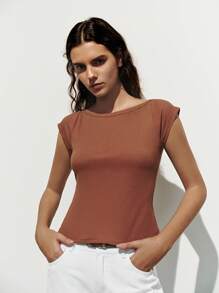 Lumivelle 1 pièce T-shirt décontracté à manches à volants et encolure dégagée pour femmes, top basique d'été