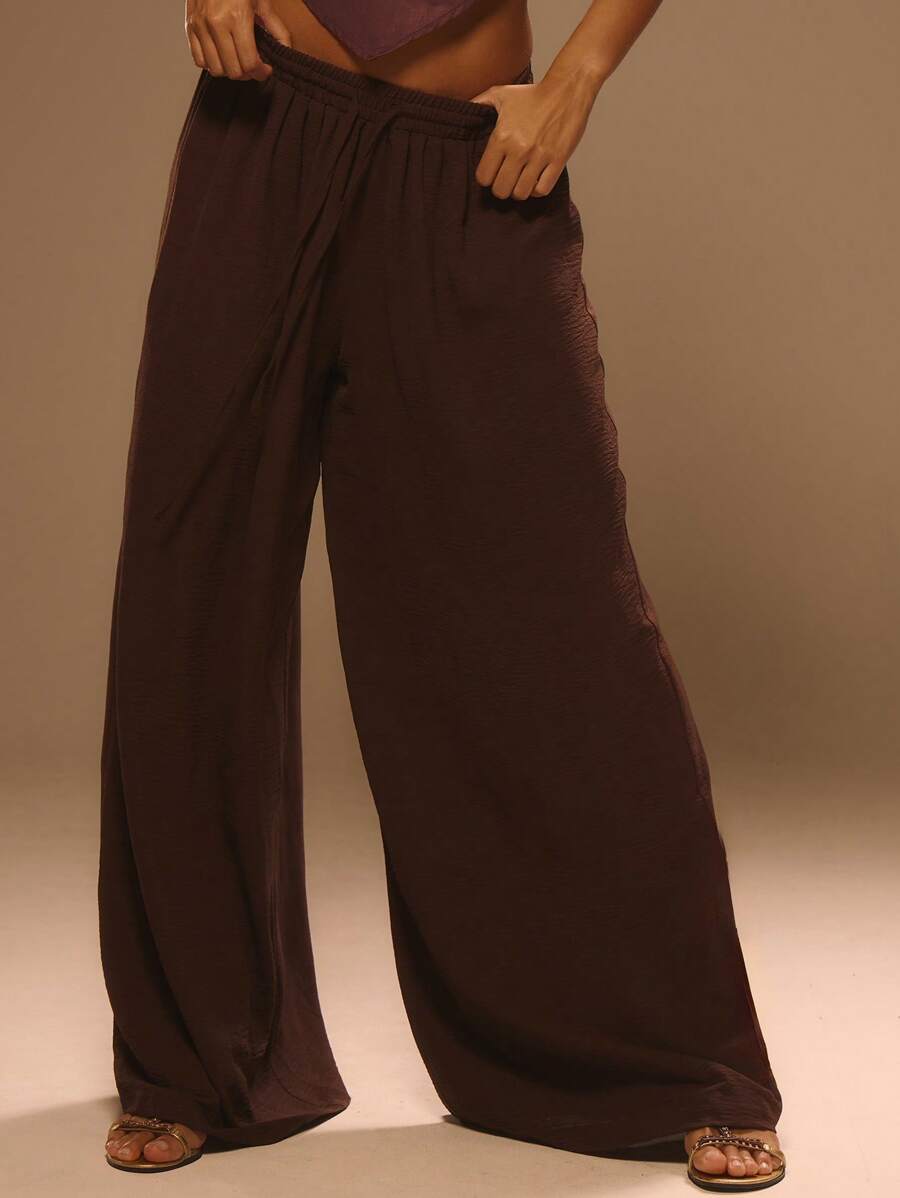 MUSERA Low Rise Extreme Wide Leg Trousers Summer Vacation Ibiza Elegant Ibiza Cute Beach Festival Rave Boho Beachwear HOLIDAY, SUMMER Everyday Fall Winter - Coffee Brown - View 1
