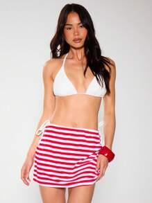 MUSERA Striped Towelling Mini Skirt Active Workout Gym Miami Beach Club Summer Vacation Holiday - White - View 5