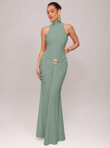 Silquee 女士优雅派对长袖高领性感露背连衣裙，带金属扣装饰，酒红色，安克尔红色，弹力针织面料，超长鸡尾酒会，浪漫约会，秋冬针织长裙，适合鸡尾酒会、婚礼、伴娘、正式活动、万圣节、圣诞节 - 薄荷綠 - 查看 4