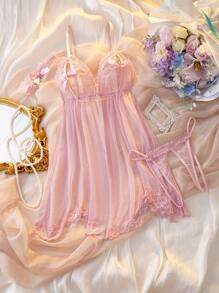 3pcs Innocent & Sexy Lace Patchwork Bust Cutout Bow Decor Jingle Bell See-Through Dress + G-String + Choker, Women Sexy Lingerie Set Summer Babydoll Dress