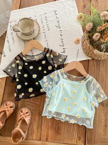 SHEIN LMoss Kids 4件套 Babygirl 可爱花朵网眼短袖上衣和吊带背心 - 彩色 - 查看 5