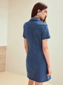 MOTF STUDIO RHINESTONE BOW DETAIL BUTTON UP DENIM DRESS - Blue - View 3