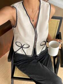 SHEIN Frenchy 女式撞色纹理无袖背心，休闲装，女式夏季服装，户外衬衫，女式夏季上衣，女式波西米亚风休闲衬衫，复古通勤风格衬衫 - 杏色 - 查看 1