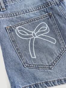 SHEIN Girlism Teen Girls Y2K Fashion Stonewashed High Waist Baggy Denim Jeans Shorts With Cute Bowknot Print Decorated Pockets,Girls Summer Beach Boho Vacation Shorts, Summer Concert Festival Casual Rave Outfits, Girls Summer Brunch Church Graduation Outfits