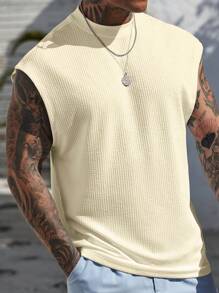 Manfinity Homme Men's Solid Color Textured Fabric Round Neck Casual Tank Top - Beige - View 3