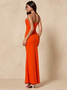SHEIN BAE Váy Bandeau màu cam trơn mùa hè dành cho nữ có khóa kim loại hình chữ U, eo bó, viền loe, thích hợp cho các sự kiện, tiệc tùng, kỳ nghỉ, đám cưới - trái cam - Xem 2