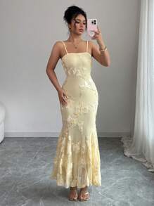 Rafferiza 女士优雅提花针织吊带美人鱼下摆紧身连衣裙 - 香檳色 - 查看 4