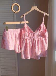 Comfortcana Women's 2pcs/Set Summer Vacation Textured Floral Print Camisole Top And Shorts Set