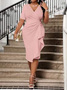 SHEIN Lady 春夏优雅复古工作婚宴情人节新年派对针织深V领水钻荷叶边新款修身连衣裙大码礼服正式舞会礼服大码连衣裙 - 粉色 - 查看 5