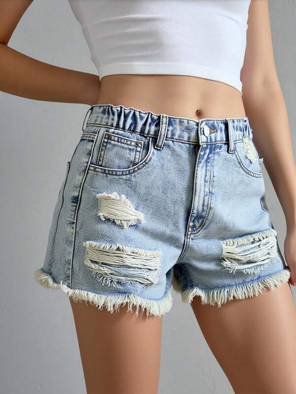 Teen Girl New Vintage Fashionable A-Line Distressed Denim Shorts, Style, School, Campus, College