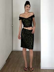 DAZY Set de 2 piezas - Conjunto de top corto y falda mini de encaje calado de colores contrastantes, verano negro para mujer - Negro - Ver 6