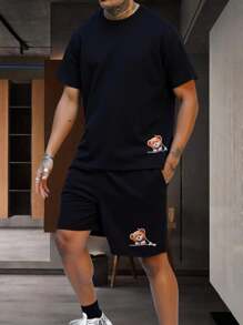 RueChic Set de t-shirt à manches courtes et short avec taille à cordon et poche, imprimé d'ours, coupe regular pour hommes
